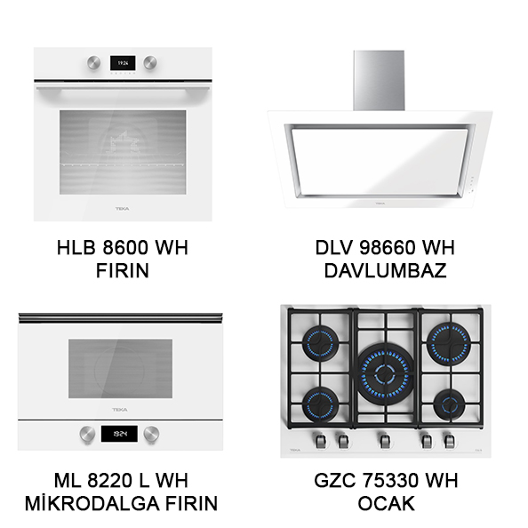 Teka Beyaz Set Urban Serisi (4lü) (HLB 8600 WH Fırın -DLV 98660 WH Davlumbaz- ML 8220 L WH Mikrodalga - GZC 75330 WH Ocak) Made in İtaly.